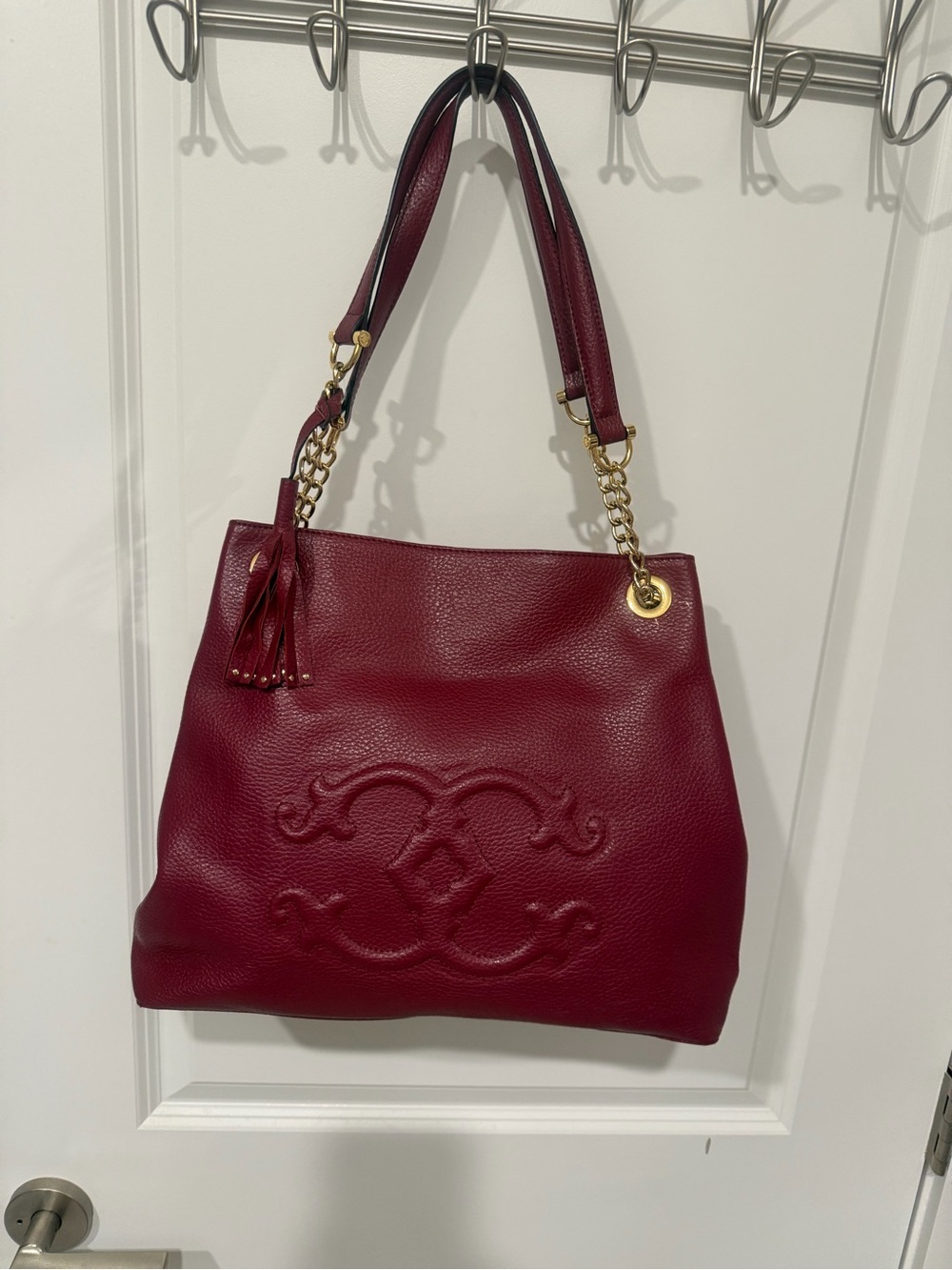 C. Wonder Burgundy Pebbled Leather Shoulder Bag with Gold Chain